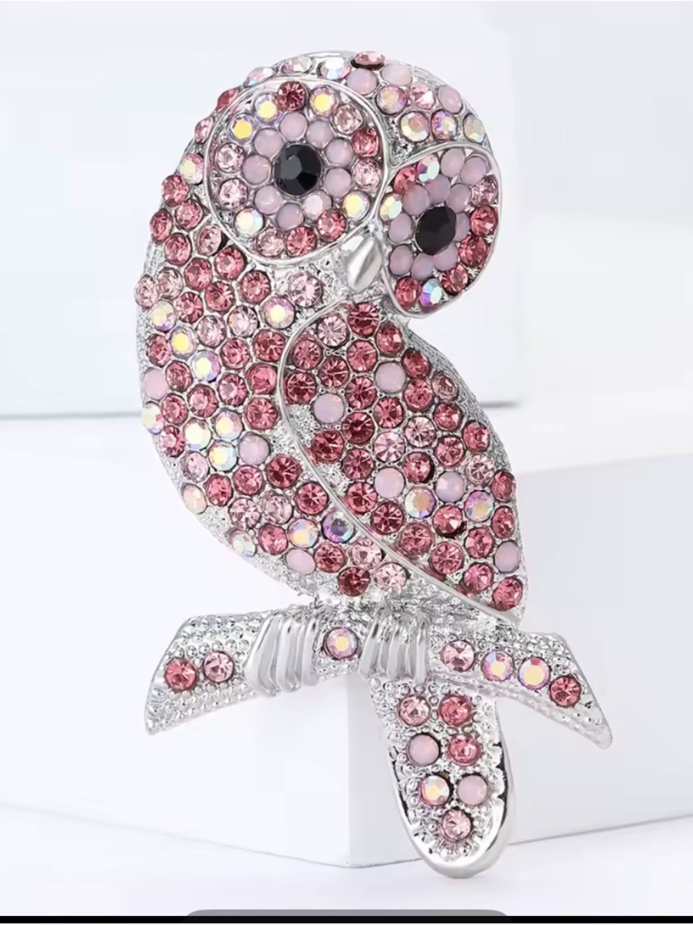 Ladies Cute Owl Brooch - Sparkling Pink Rhinestone Silver Tone Pin